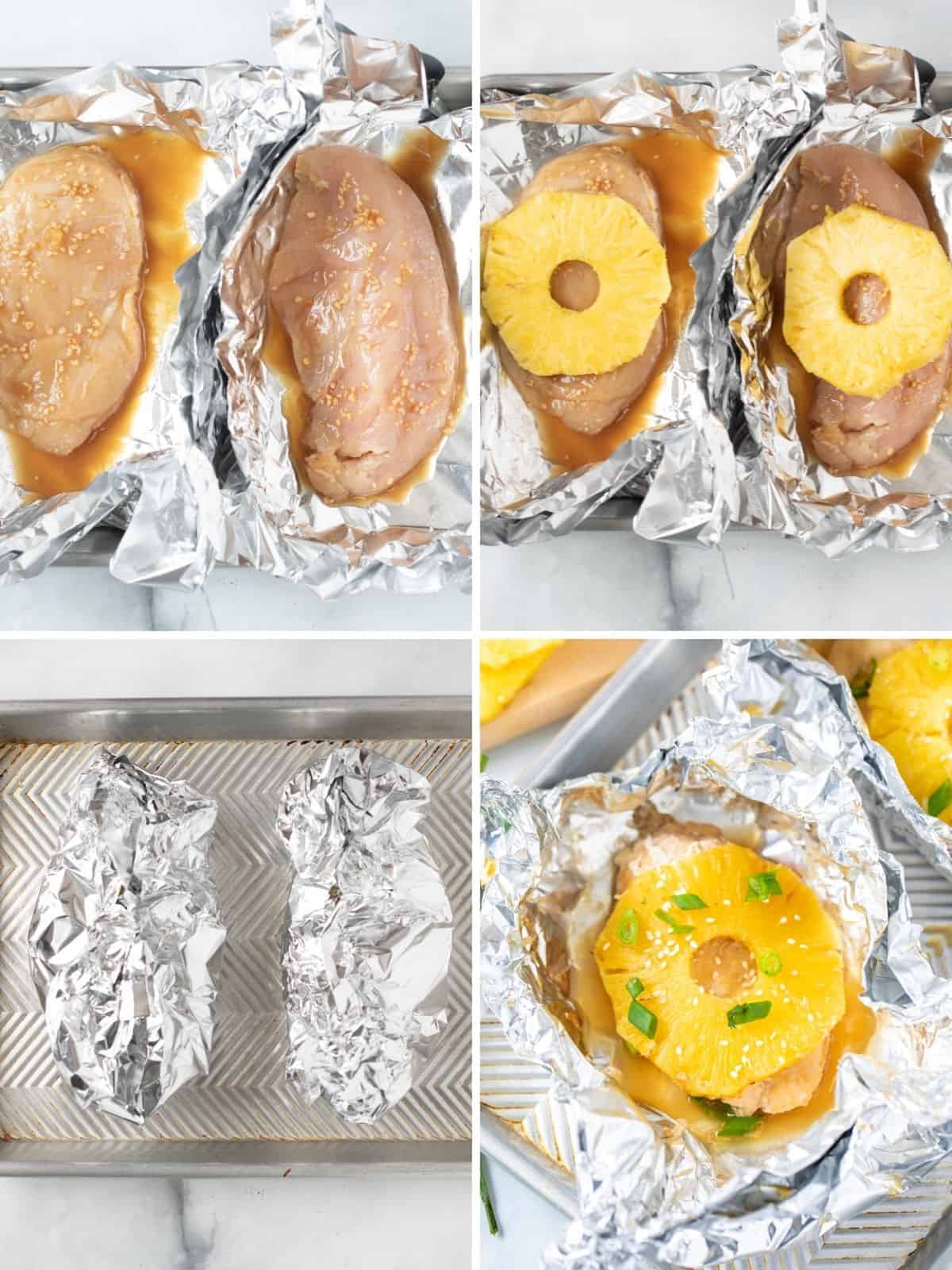 Step By Step Collage showing chicken being placed in foil packet, then topped with pineapple and wrapped. 