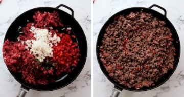 Side by side photo showing lean ground beef with peppers and onions before and after sauteing mixture.