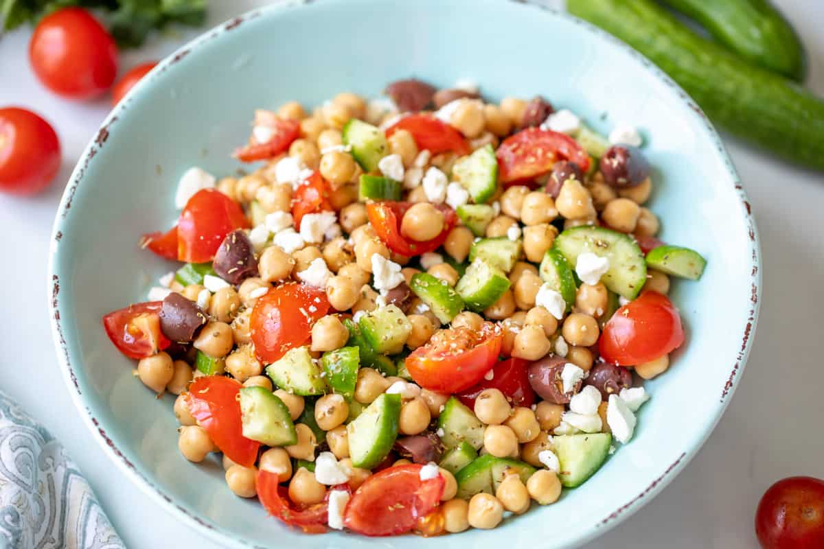 Chickpea Salad in blue bowl.