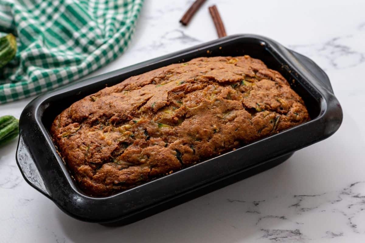 Zucchini bread baked in loaf pan. 