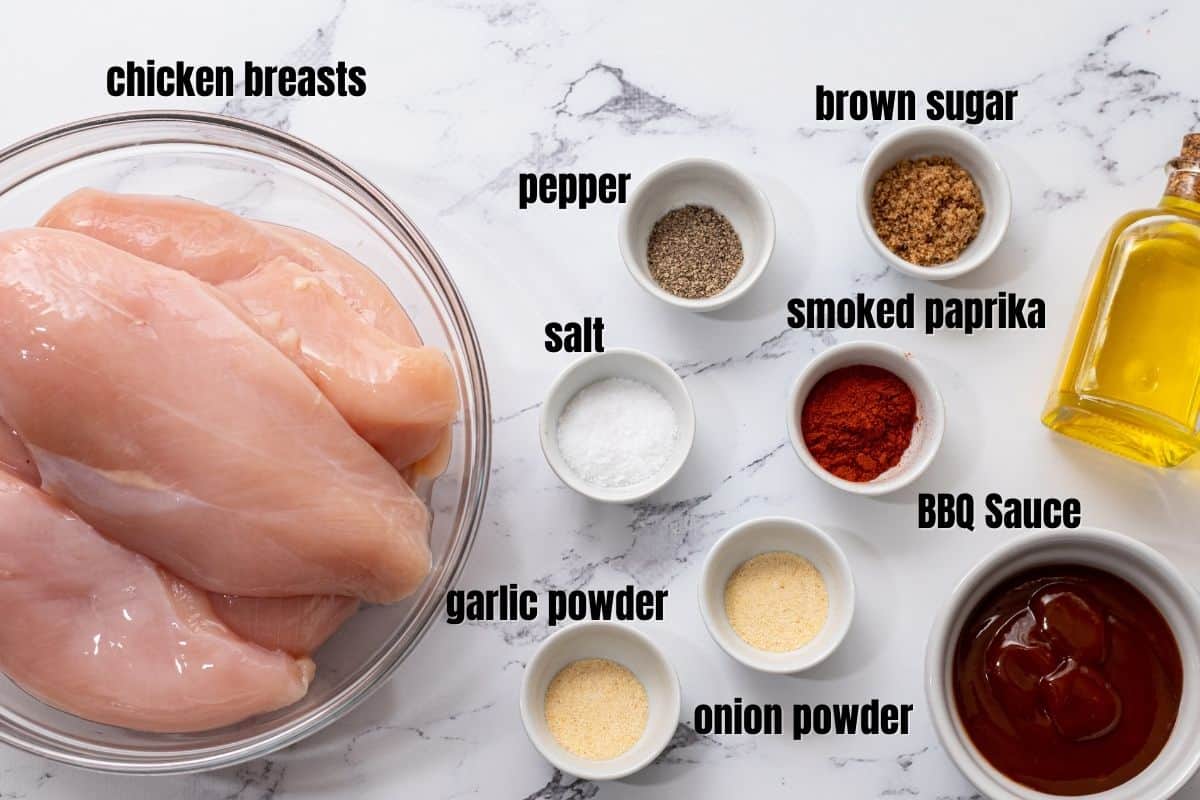 Ingredients for bbq chicken on counter labeled.