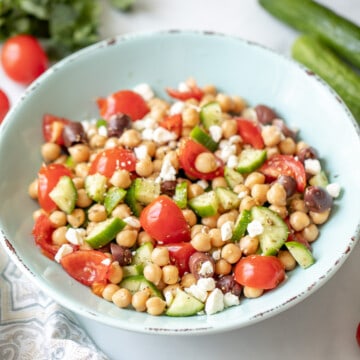 Chickpea Salad in blue bowl.