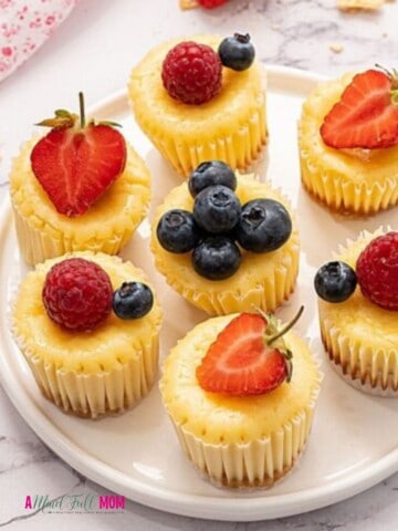 Mini cheesecakes topped with fresh fruit on platter.
