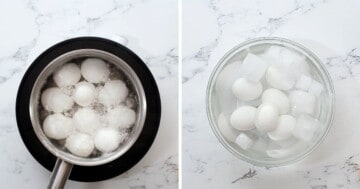 Side by side picture of eggs in saucepan then in ice bath.