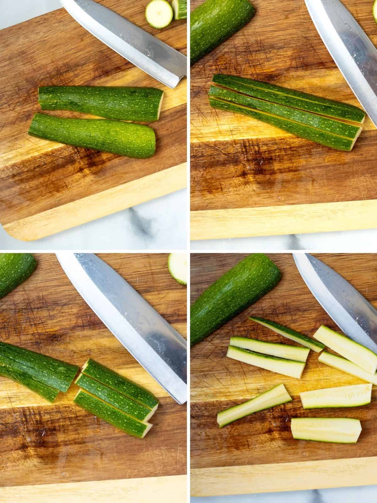 Step by step photos showing how to cut a zucchini into fries. 