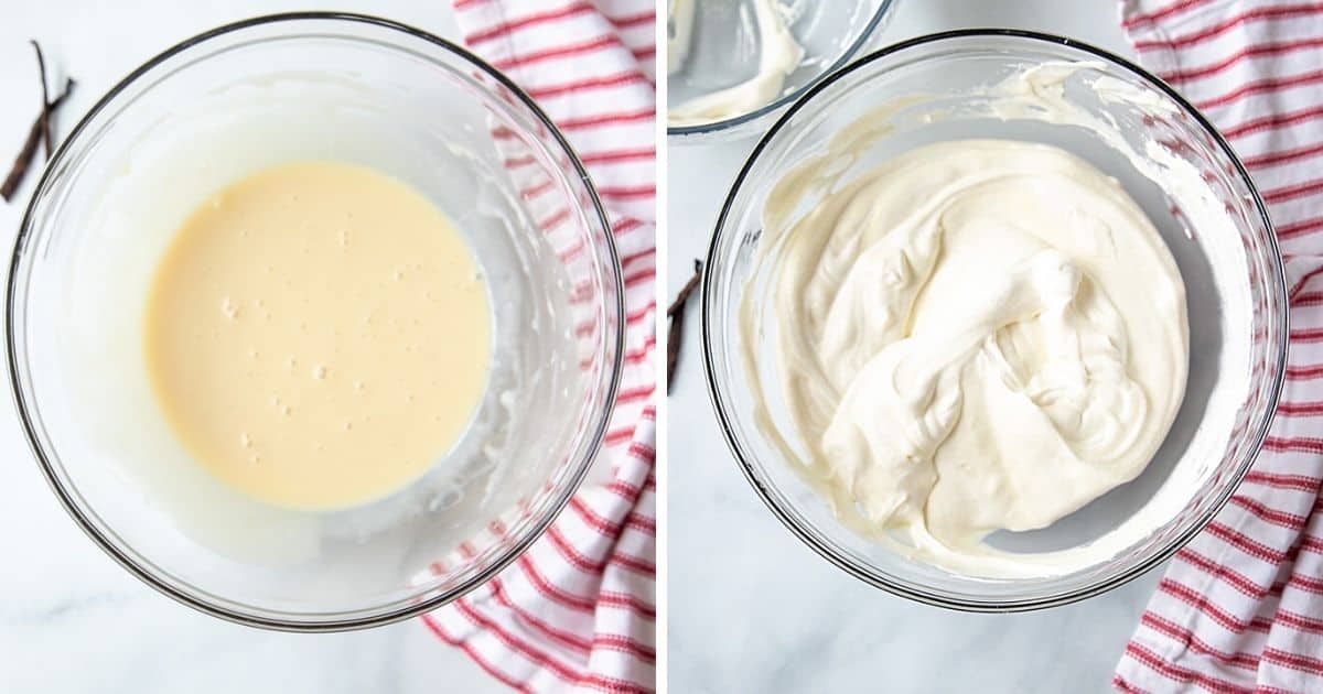 Side by side photos of sweetened condensed milk next to a bowl of whipped cream.