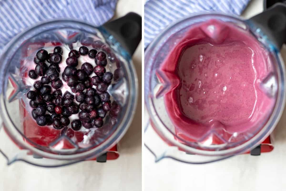 Two side by side pictures with blender with berries and yogurt and then with yogurt blended. 