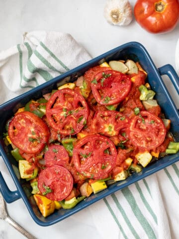 Baked Vegetable Casserole in blue dish.