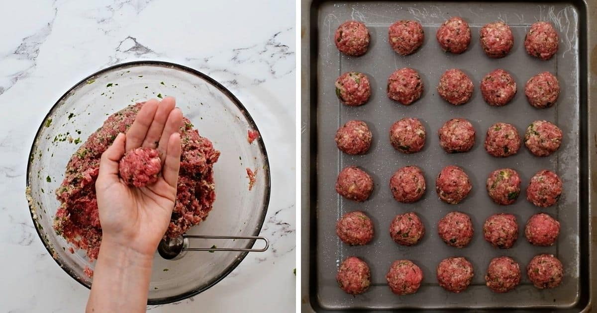 Side by side photo showing shaped meatball and meatballs on a rimmed baking sheet. 