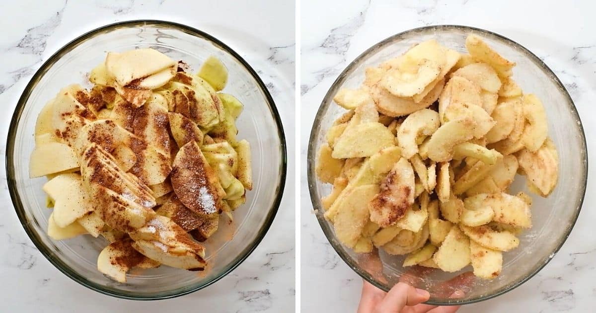 Side by side photo of apple pie filling mixed in mixing bowl.