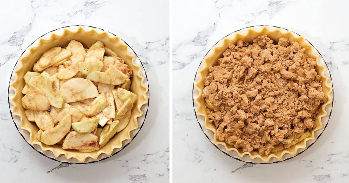 Side by side photo of the apple pie before and after adding the crumb topping. 