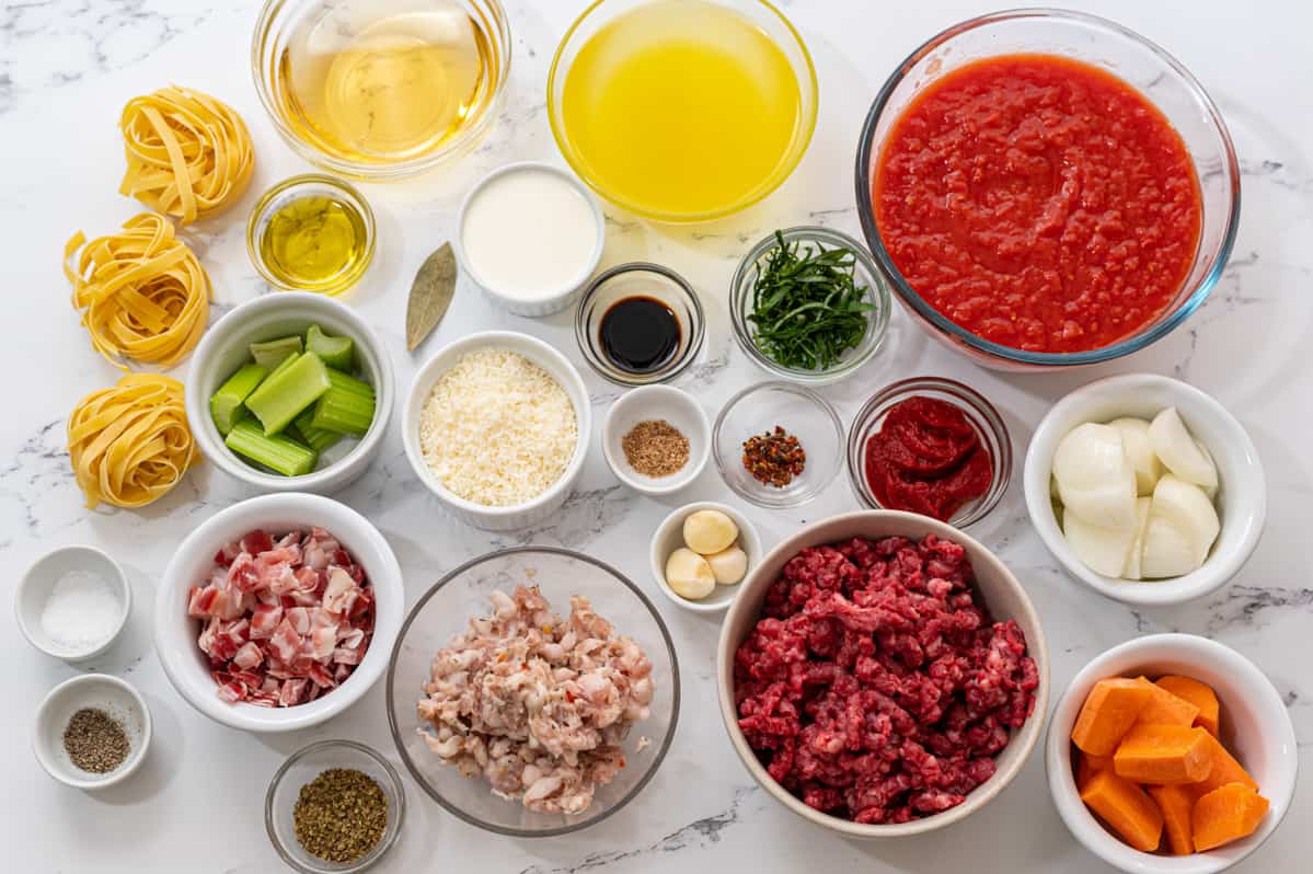 Ingredients for Bolognese Sauce on counter. 