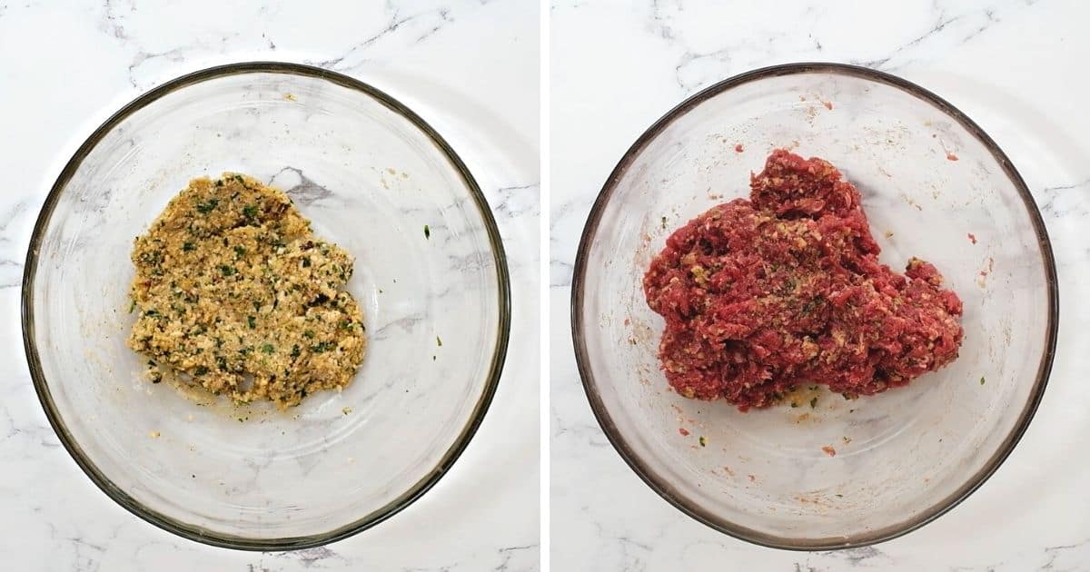 Side by side mixing bowl with meatball mixture. 
