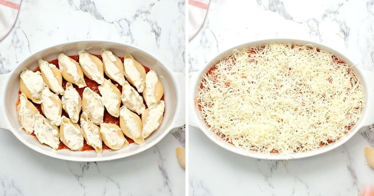 Stuffed Shells in casserole dish before and after covering with sauce and cheese. 