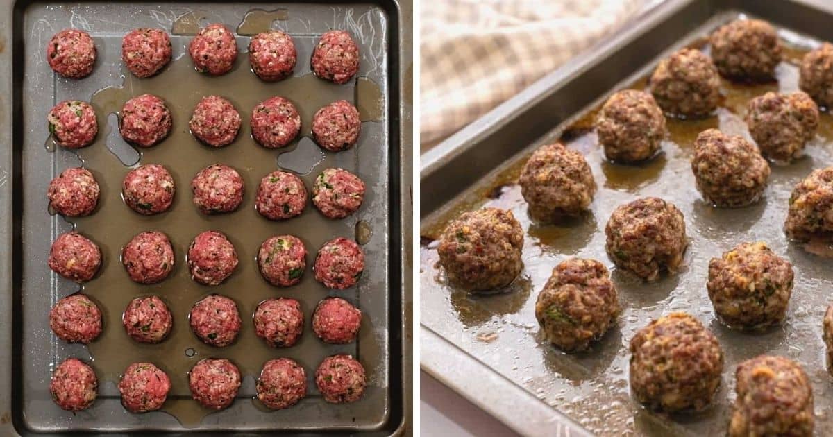 Meatballs before and after baking on sheet pan. 
