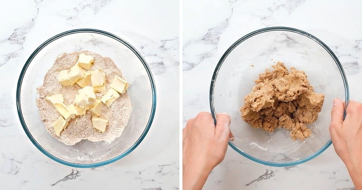 Side by side bowl with streusel before and after mixing. 