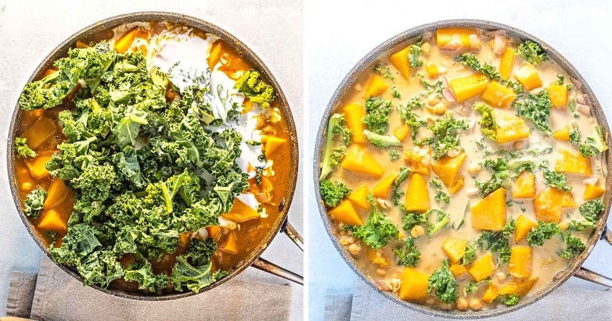 Side by side photo of curry before and after cooking kale.