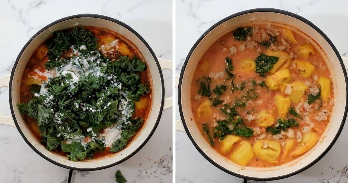Side by side photo of adding kale to soup before and after simmering.