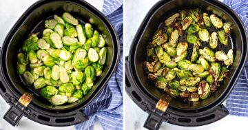 Side by side photo of brussels sprouts before and after air frying.