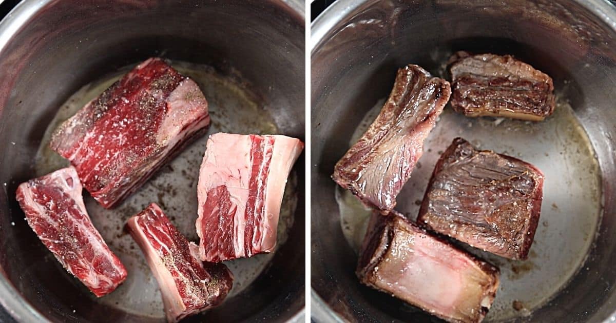 2 pictures showing before and after searing short ribs in instant pot. 