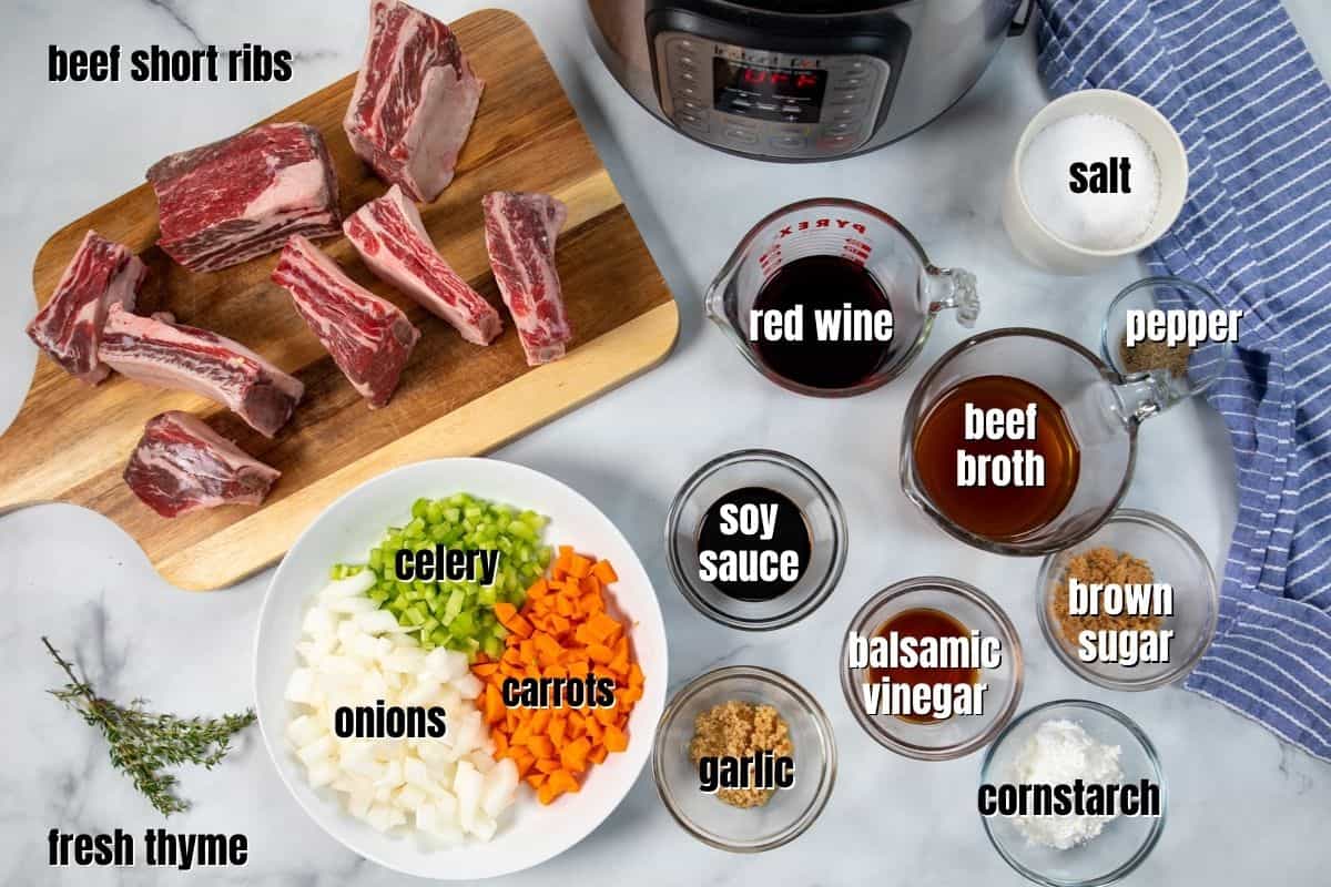 Ingredients for Beef Short Ribs Labeled on counter. 