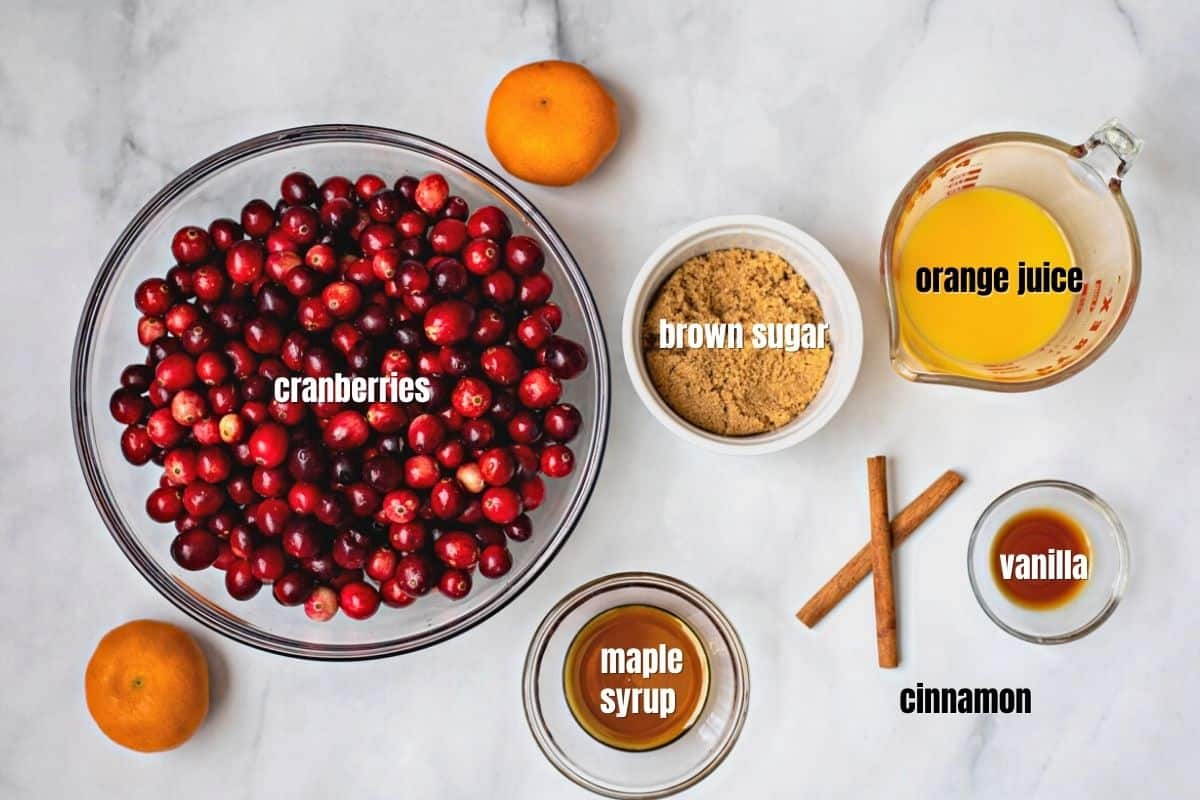 Ingredients Labeled for Instant Pot Cranberry Sauce. 