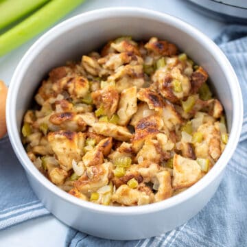 Stuffing made in cake pan next to Instant Pot.