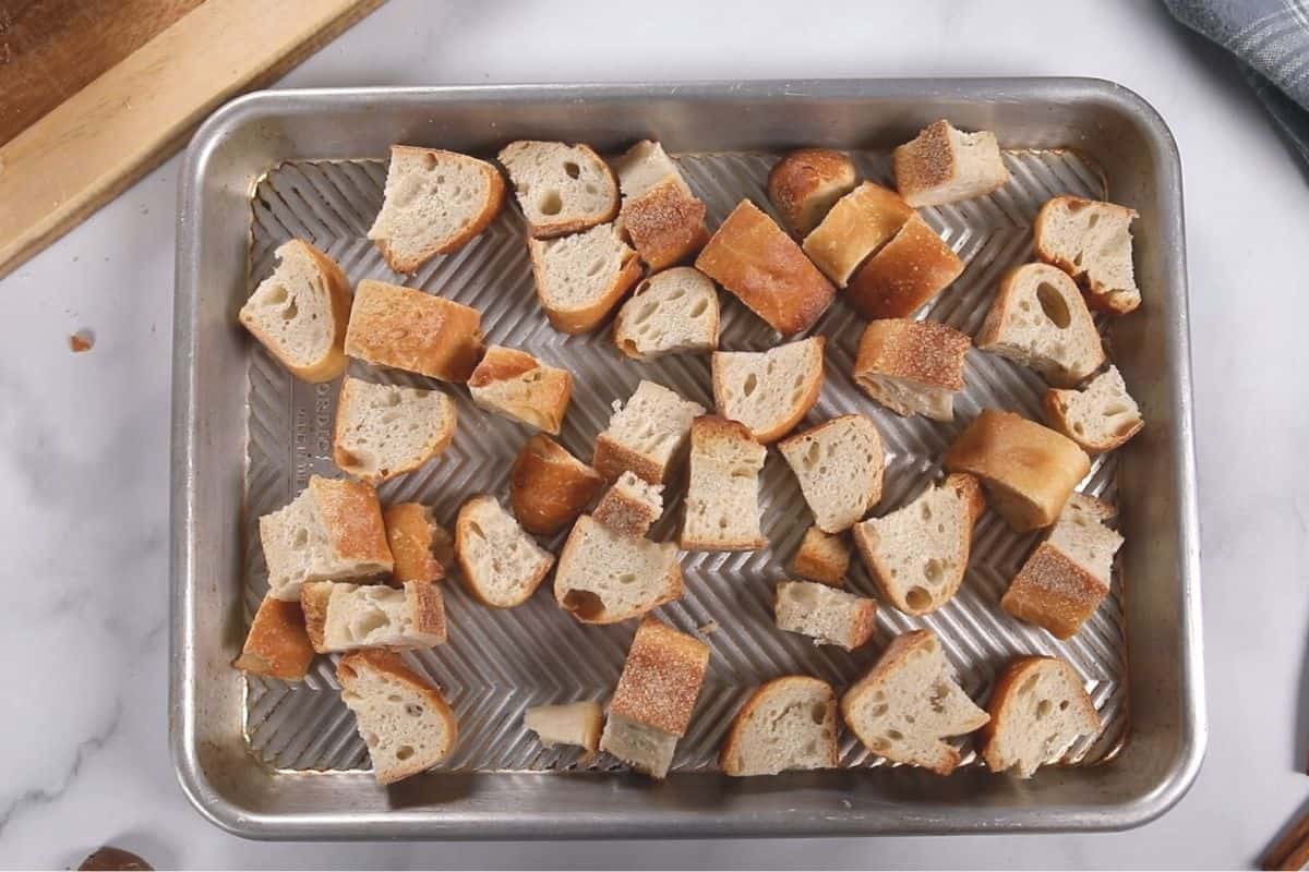 Cubed Bread on metal tray for French Toast. 