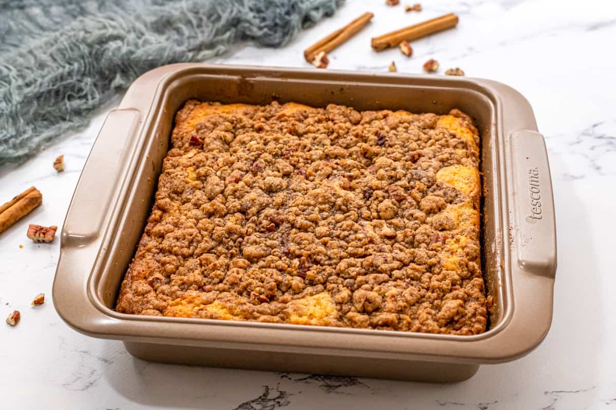 Coffee Cake with Streusel in baking dish. 