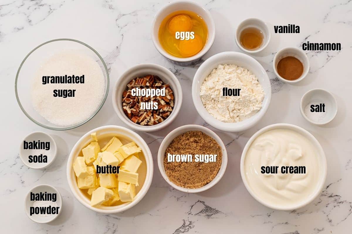 Labeled Ingredients for Sour Cream Coffee Cake. 
