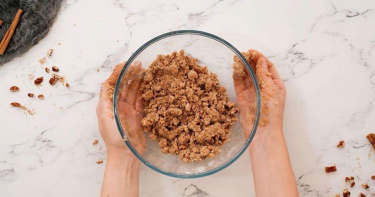 Streusel with nuts in mixng bowl. 