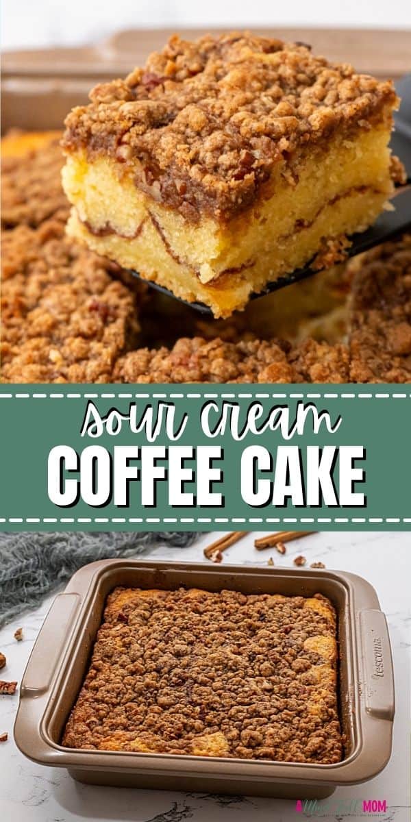 Sour Cream Coffee Cake is the best coffee cake recipe out there! Made with a soft, tender cake that is studded with a rich cinnamon swirl and then finished with a buttery streusel, this Sour Cream Coffee Cake is perfect for entertaining at brunch or the holidays.