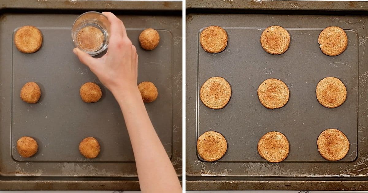 Photo showing glass pushing down cookie dough and another photo showing cookies flattened. 