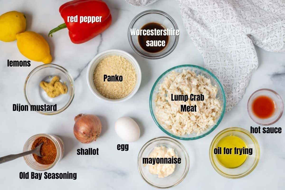 Ingredients for Crab Cake labled on counter. 