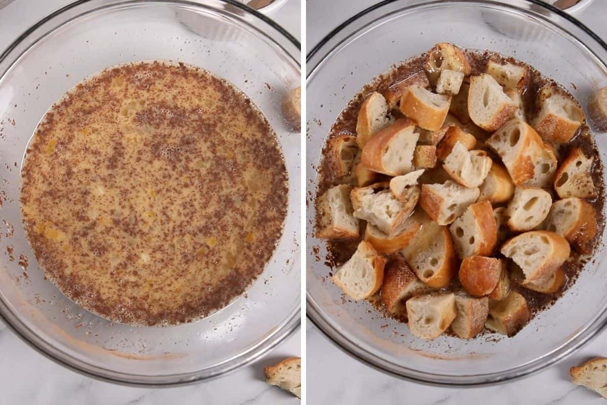 Side by side photo of egg custard with and without bread cubes.