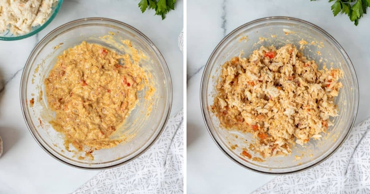 Side by side pictures of filler ingredients mixed in mixing bowl before and after crab added. 