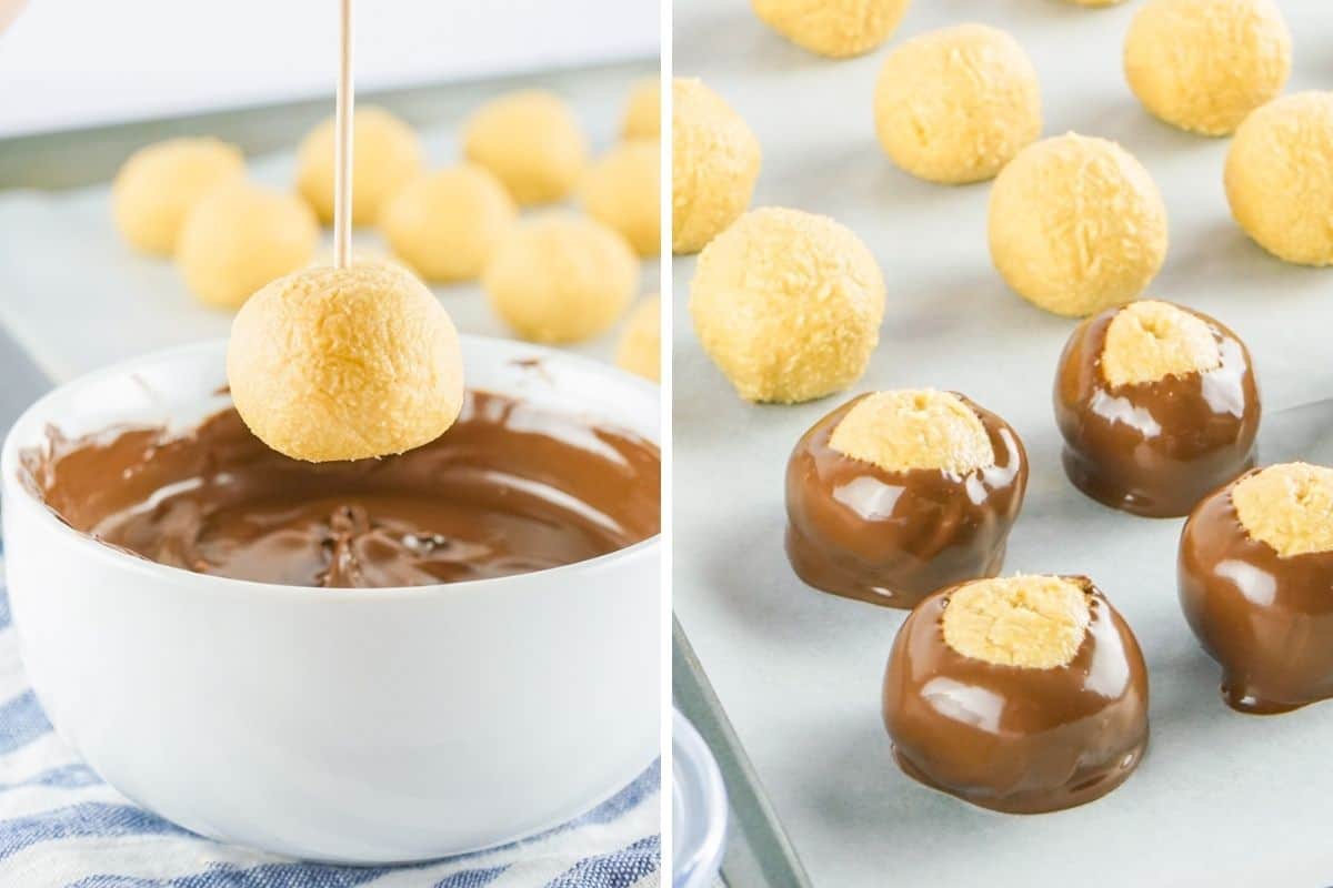 Side by side photo of dipping peanut butter ball in melted chocolate. 