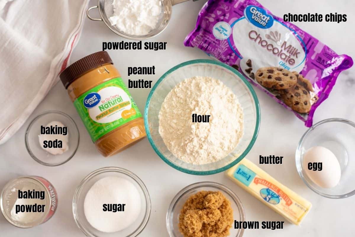 Labeled ingredients for peanut butter chocolate cookies. 