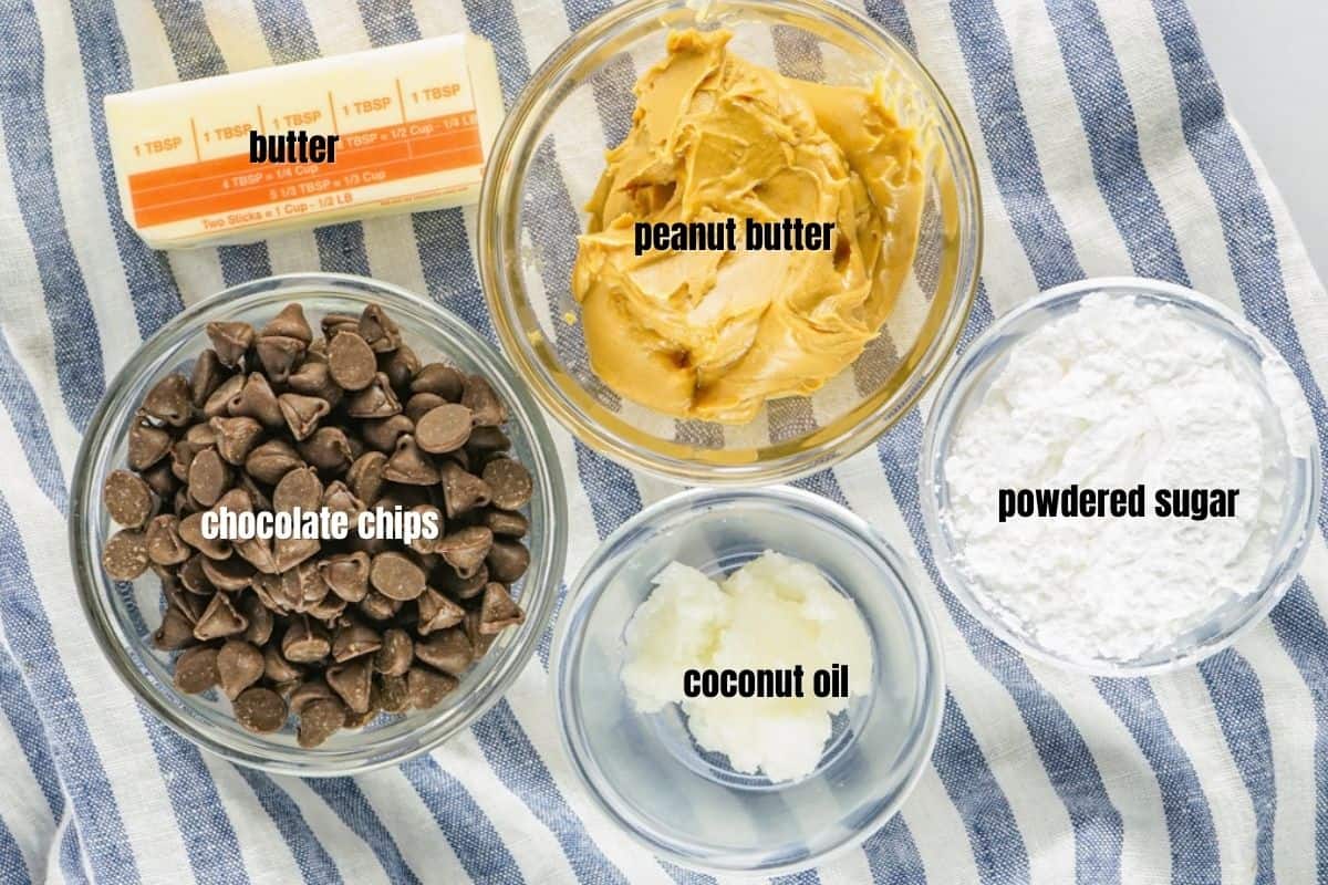 Labeled 5 ingredients for peanut butter balls. 