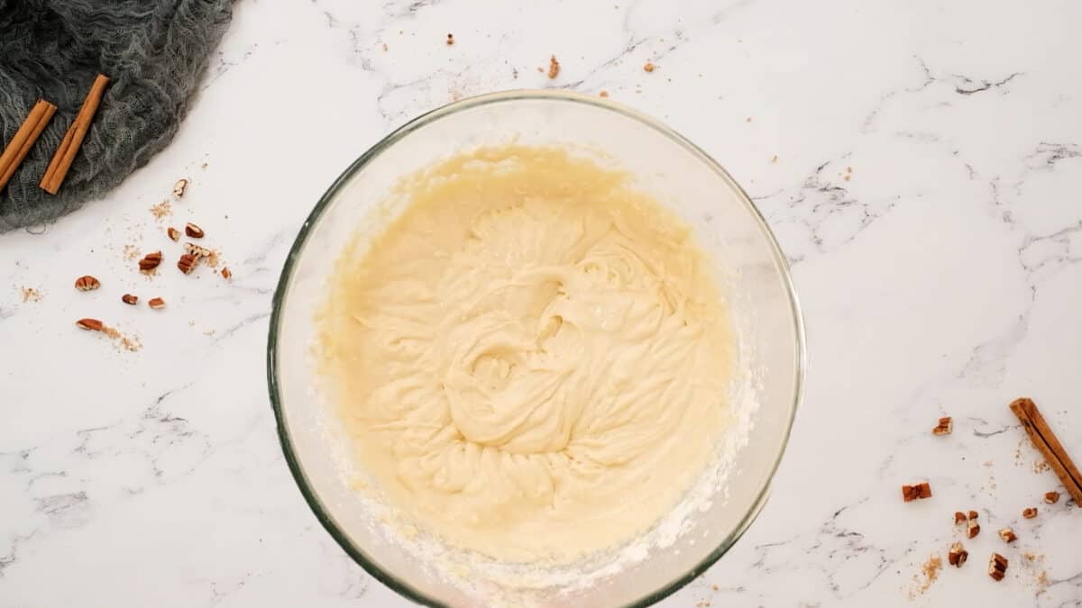 Sour cream coffee cake batter in mixing bowl.