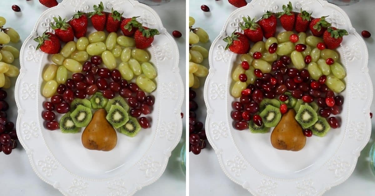 Side by side photo showing pear surrounded with fruit, then studded with cranberries. 