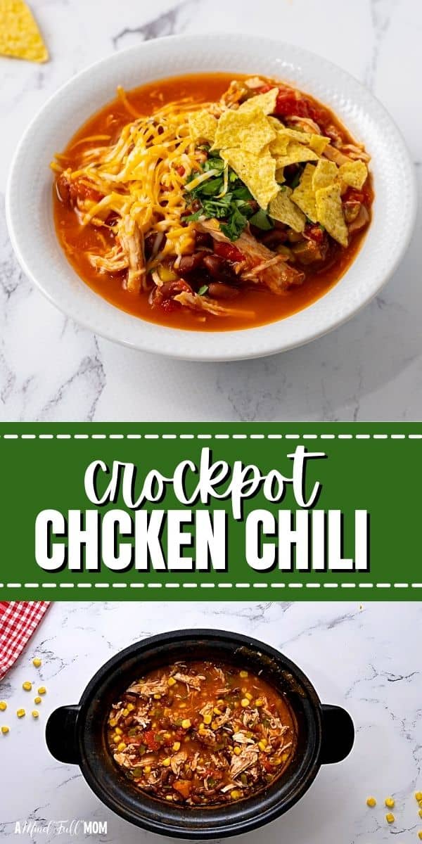 Crockpot Chicken Chili is a set-it-and-forget-it flavorful meal! This simple recipe is made with chicken, beans, corn, and a spicy thick broth to create a delicious, hearty, lighter chili.