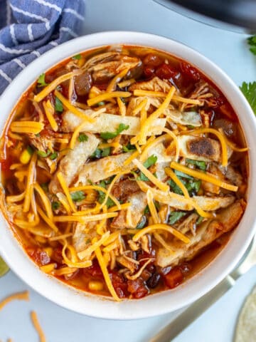 Bowl of Chicken Tortilla Soup topped with cheese next to cilantro and instant pot.