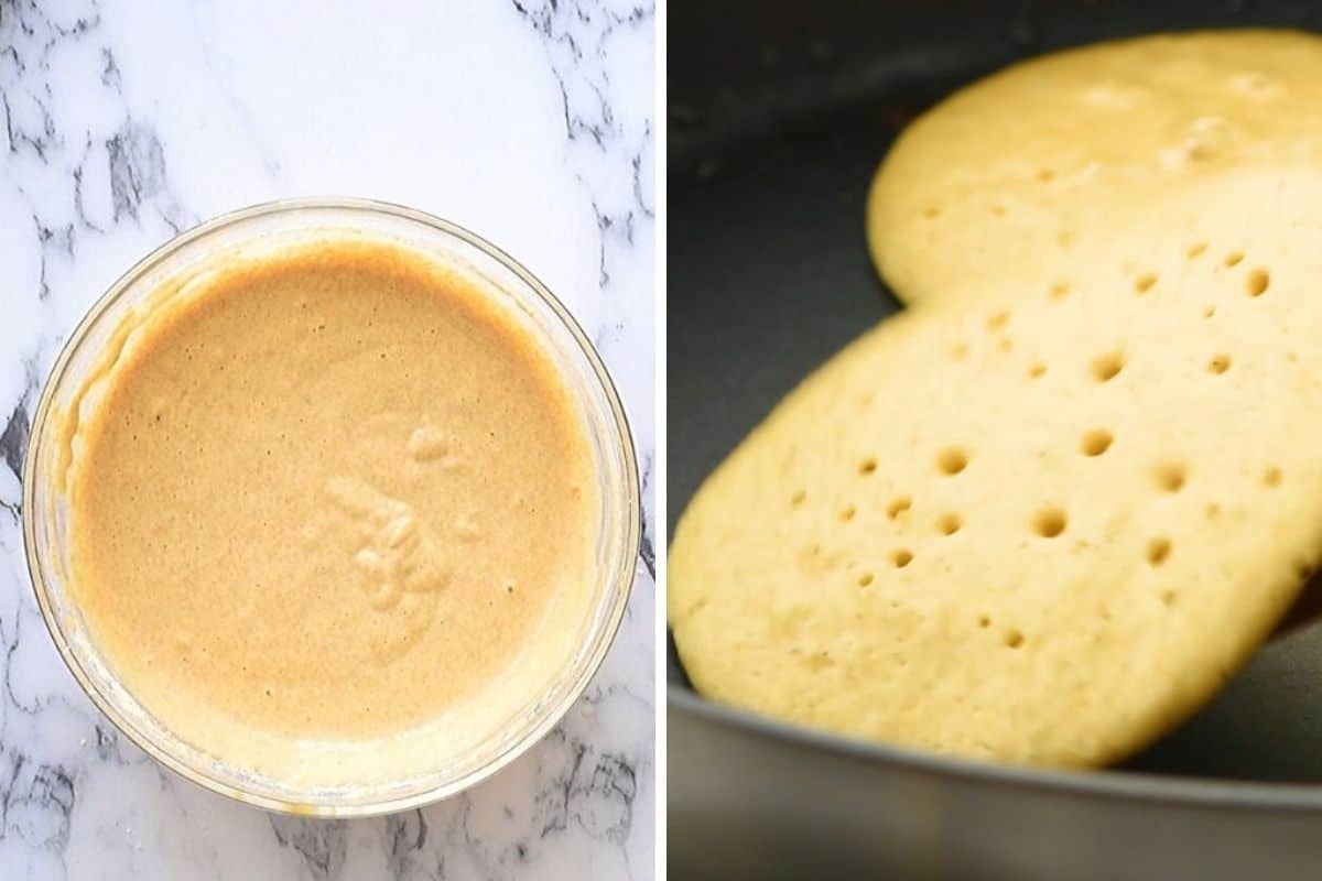 Side by side picture with pancake batter next to pancakes in frying pan.
