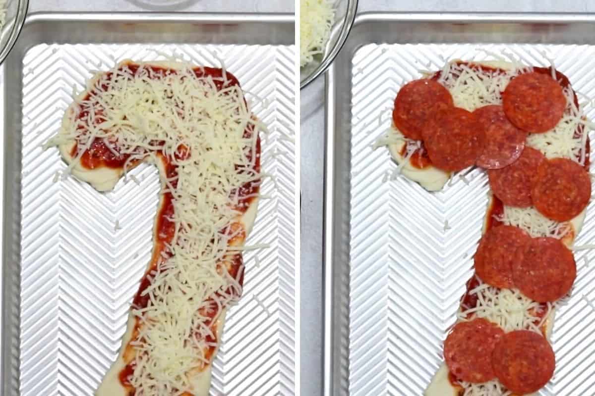 Side by side photo showing a candy cane shaped pizza dough with cheese and then with pepperoni slices.