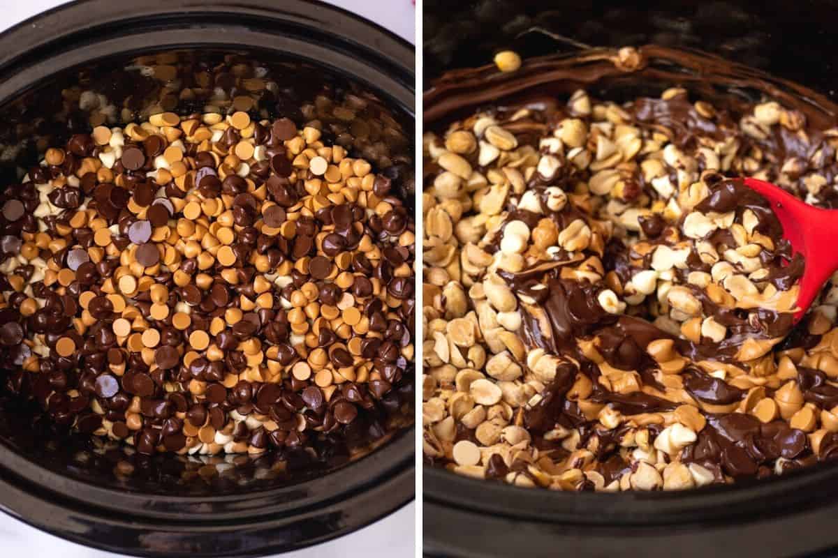 Side by side photo of crockpot before and after stirring peanuts into melted chocolate.