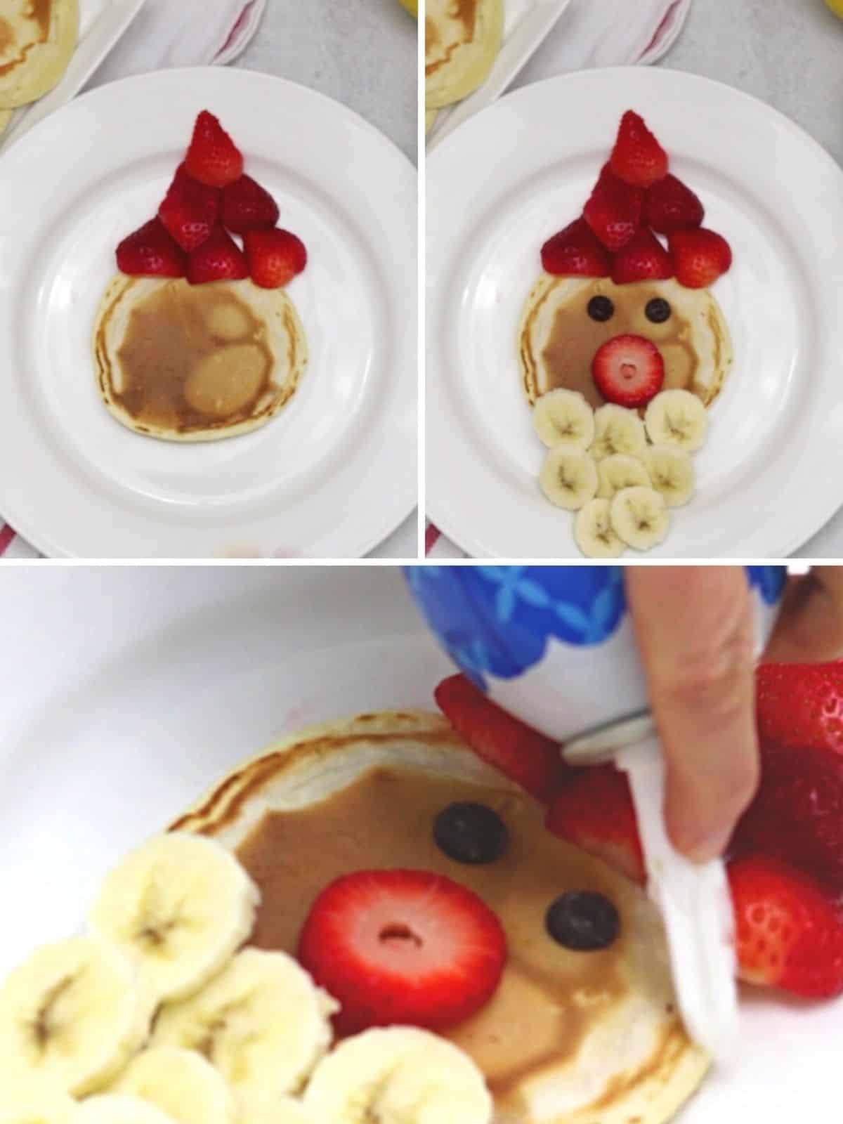 Collage of 3 pictures showing adding strawberries, bananas, and whipped cream to form a santa.