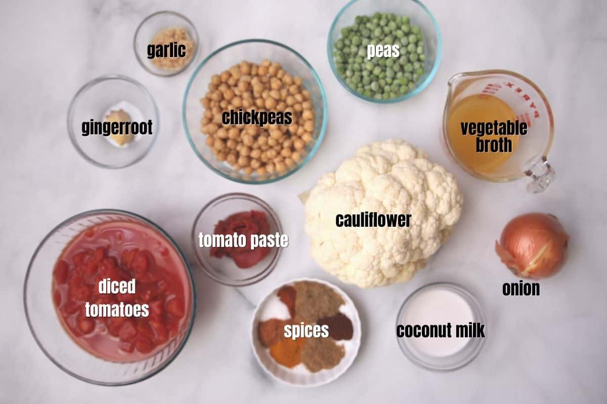 Ingredients labled for Vegetarian Tikka Masala on counter. 