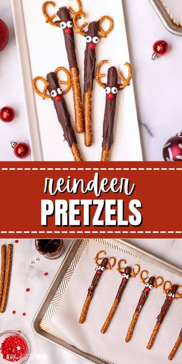 Reindeer Pretzels are a simple, festive spin on chocolate-covered pretzels. Made with just 5 ingredients in minutes, these Reindeer Pretzels make a delicious and easy holiday treat. This no-bake Christmas recipe is perfect for kids to make themselves. 