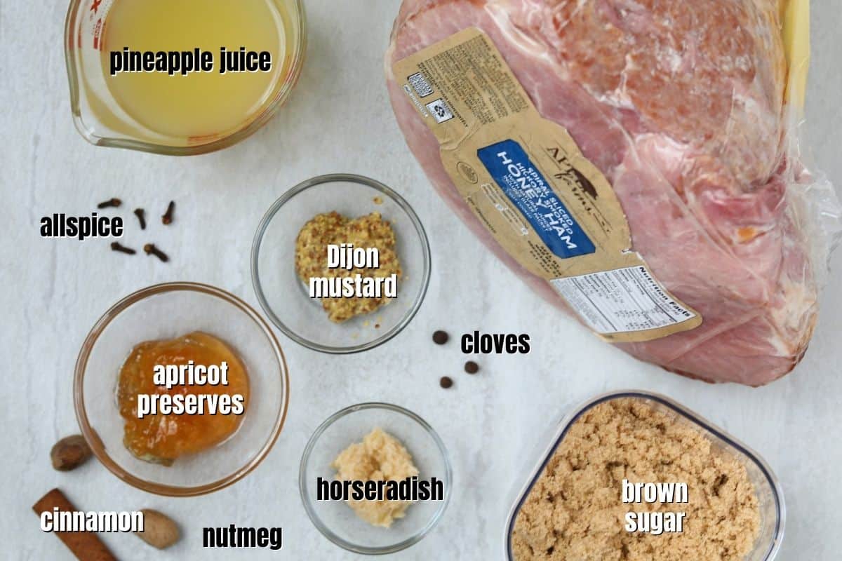 Ingredients for Glazed Ham labeled on counter.